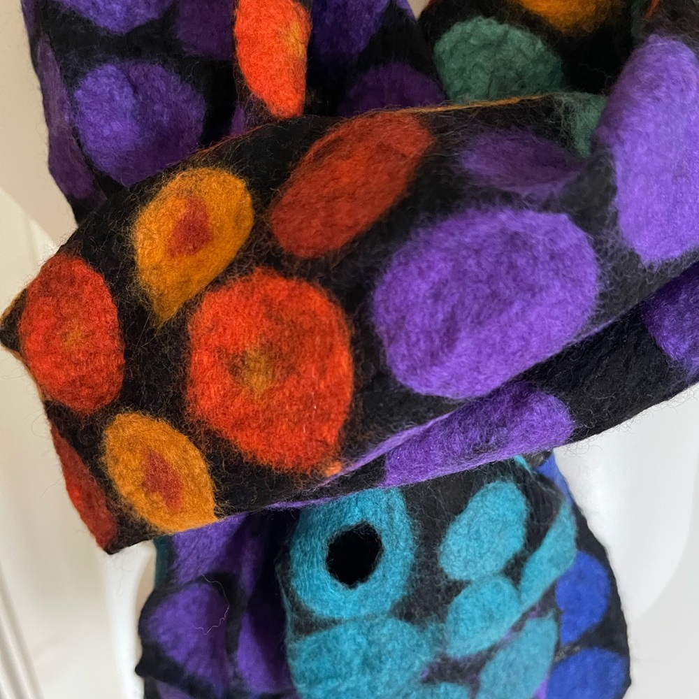 Colorful Polka Dot Felted Wool Scarf - Purple, Teal, Orange and Black - Picture 5 of 8